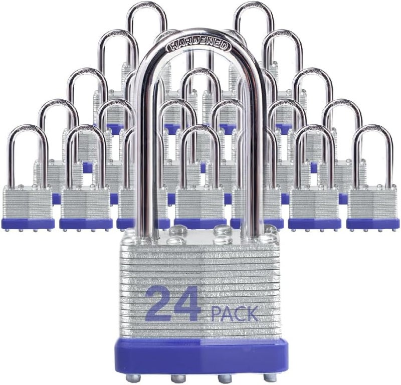 XanHen Laminated Steel Padlocks, 24 Pack, Blue, Keyed Alike, Long Shackle, for Hasp Latch, Sheds, Fences, Lockers, Schools, Gyms - Image 1